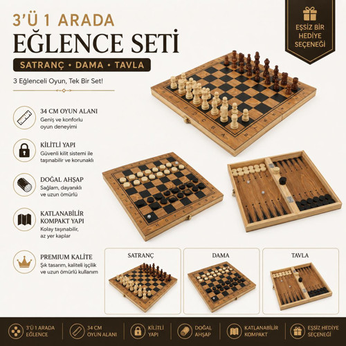 Lüks Ahşap Klasik Katlanabilir 3’ü 1 Arada Satranç Dama Tavla Seti Kilitli 34 x 34 cm Oyun Takımı