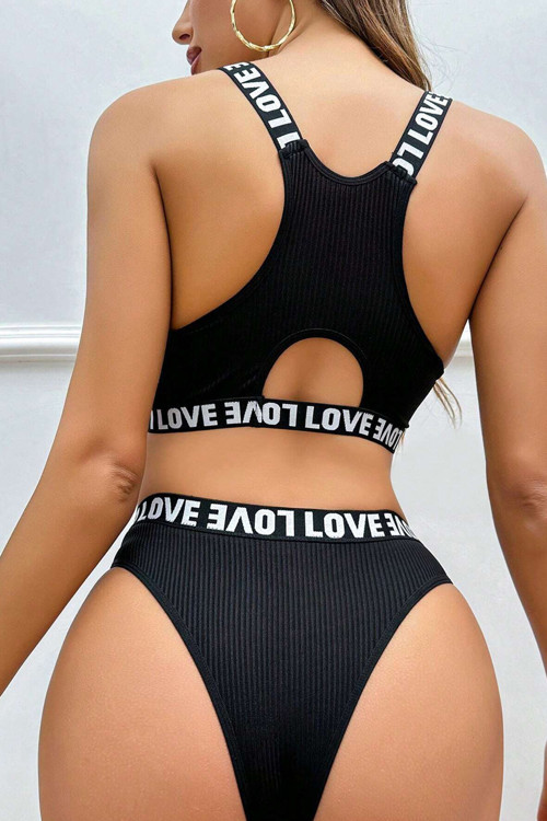 Siyah Çapraz Sırt Ve Love Lastik Detaylı Sütyen Külot Takım
