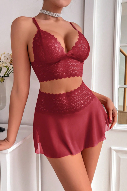 Bordo Dantel Ve Tül Detaylı Etekli Şık Gecelik Takımı