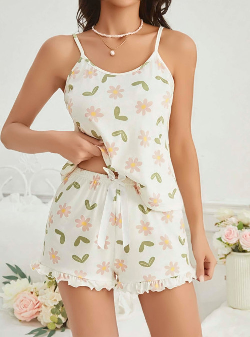 Ekru Çiçek Baskılı Şortlu Gecelik Pijama Takımı