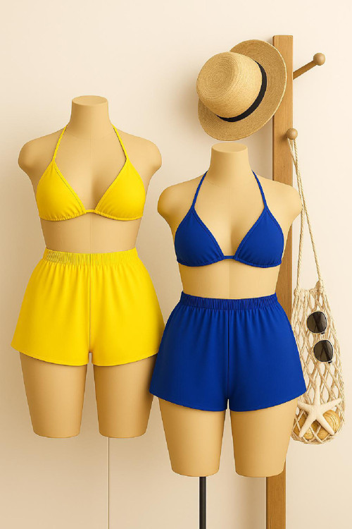 Sarı Ve Mavi Şortlu Belden Ve Boyundan Bağlamalı Bikini Takımı