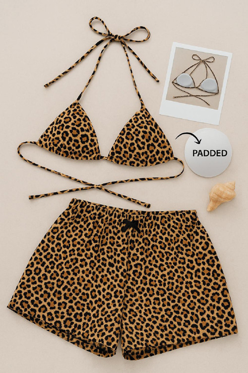 Kadın Leopar Desenli Şortlu Belden ve Boyundan Bağlamalı Bikini Takımı