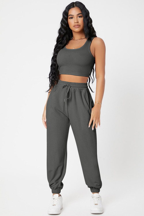 Antrasit Gri Kaşkorse Cepli Jogger Eşofman Altı Ve Crop Top Bluz