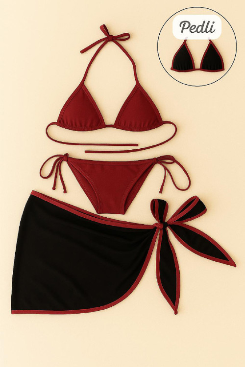Bordo Siyah Pareolu Yandan Ve Boyundan Bağlamalı 3'Lü Bikini Takımı