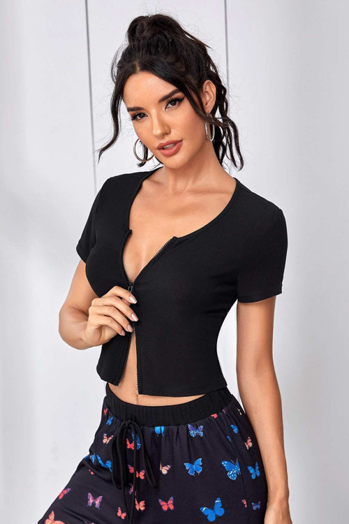 Siyah Çift Fermuarlı Yarım Kol Crop Top Bluz
