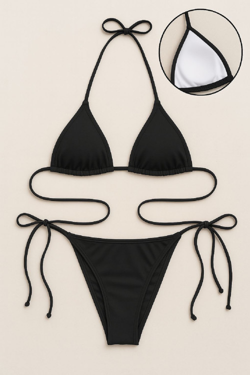 Siyah Yandan Ve Boyundan Bağlamalı Bikini Mayo Takımı