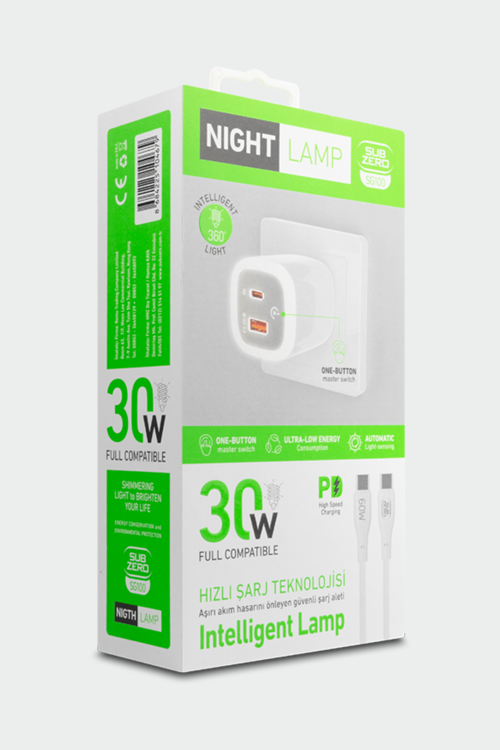 Oppo A 92 Uyumlu SG100 30W Gece Lambali Dokunmatik LED Hizli Sarj Aleti + Kablo
