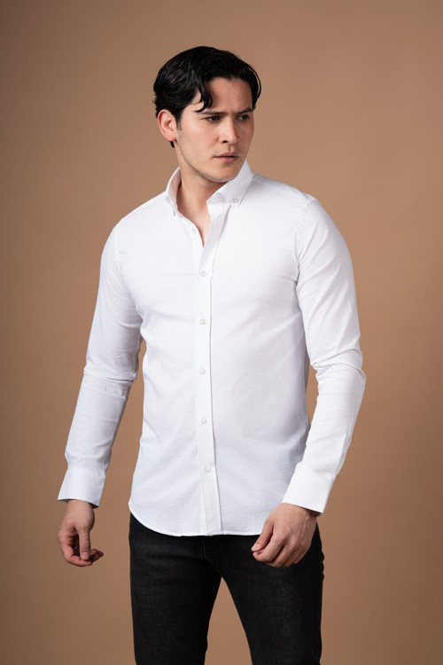 Slimfit Kendinden Çizgili Yaka Düğmeli Likralı Yazlık Gömlek