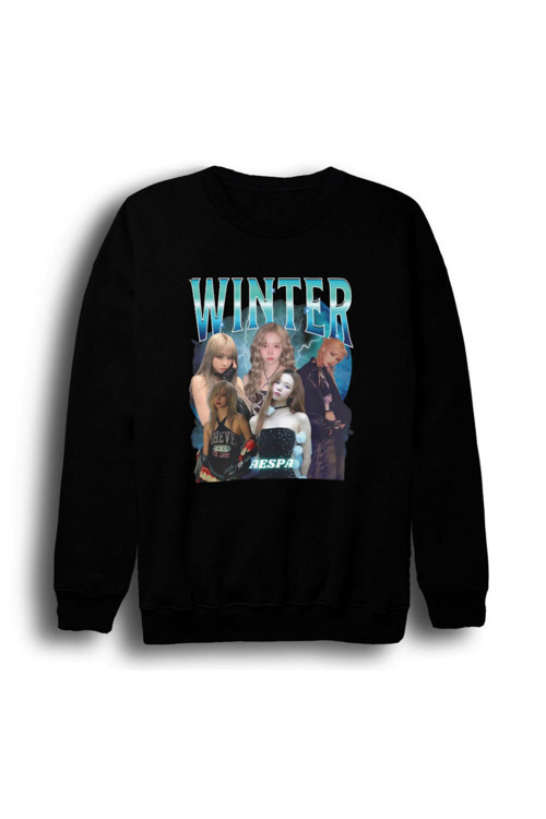 Aespa - Winter - K-Pop Baskılı Unisex %100 Pamuk Bisiklet Yaka Siyah Sweatshirt