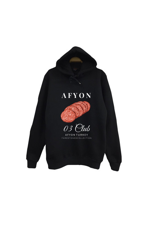 Afyon - 03 - Sucuk- Şehir Baskılı Unisex %100 Pamuk Kapüşonlu Siyah Sweatshirt