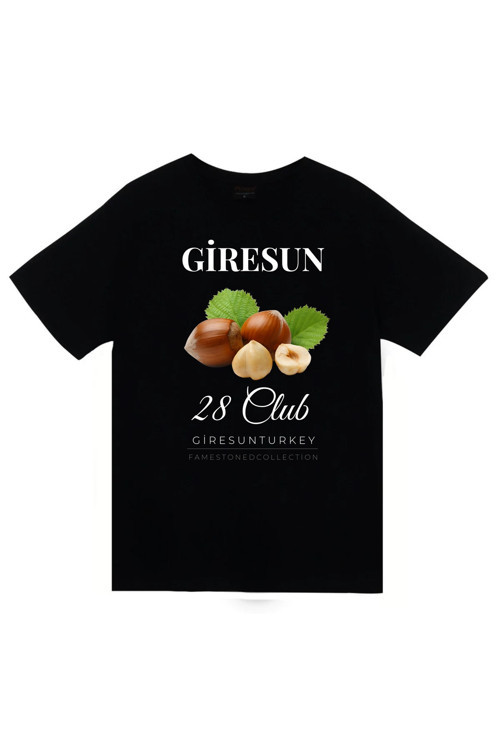 Giresun - 28 - Fındık - Ada - Şehir Baskılı Unisex %100 Pamuk Siyah T-Shirt