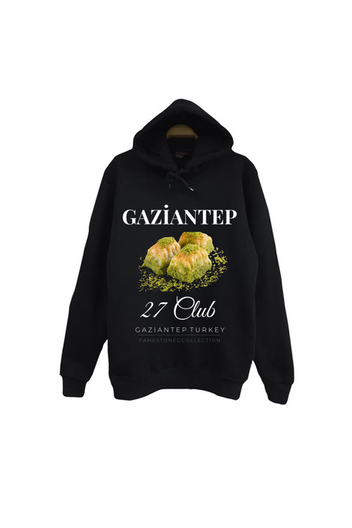 Gaziantep - 27 - Baklava - Antep Fıstığı Baskılı Unisex %100 Pamuk Siyah Kapüşonlu Sweatshirt