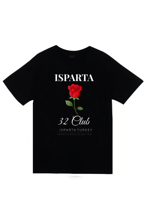 Isparta - 32 - Gül - Lavanta - Şehir Baskılı Unisex %100 Pamuk Siyah T-Shirt