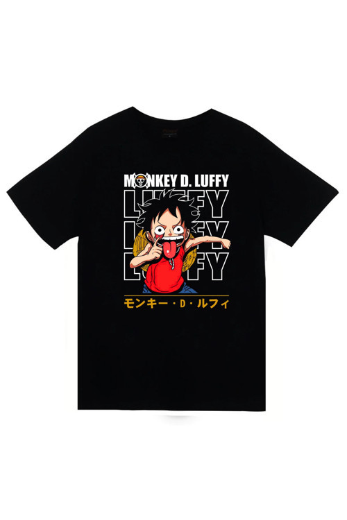 One Piece - Monkey D. Luffy - Anime Baskılı Unisex %100 Pamuk Siyah T-Shirt