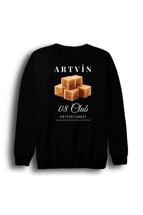 Artvin - 08 - Küp Şekeri - Şehir Baskılı Unisex %100 Pamuk Bisiklet Yaka Siyah Sweatshirt
