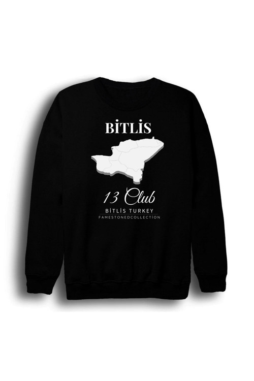 Bitlis 13 Nemrut Van Gölü Tatvan Doğa Şehir Baskılı Unisex %100 Pamuk Bisiklet Yaka Siyah Sweatshirt