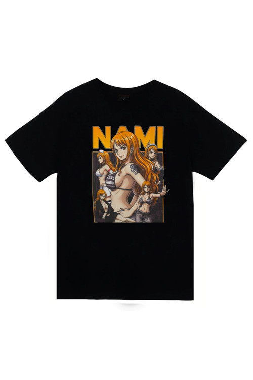 One Piece - Nami - Anime Baskılı Unisex %100 Pamuk Siyah T-Shirt