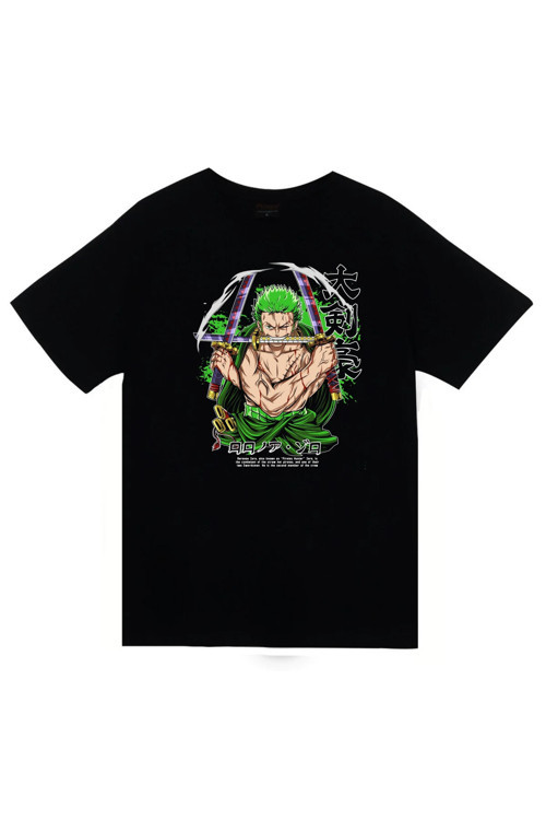 One Piece - Ronoa Zoro - Anime Baskılı Unisex %100 Pamuk Siyah T-Shirt
