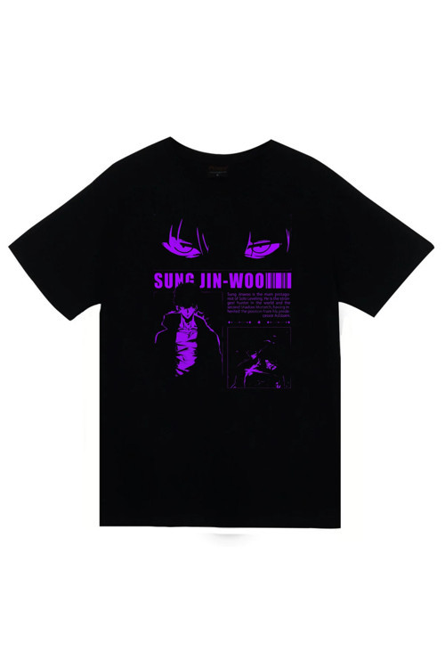 Solo Leveling - Sung Jin-Woo - Arise - Anime Baskılı Unisex %100 Pamuk Siyah T-Shirt