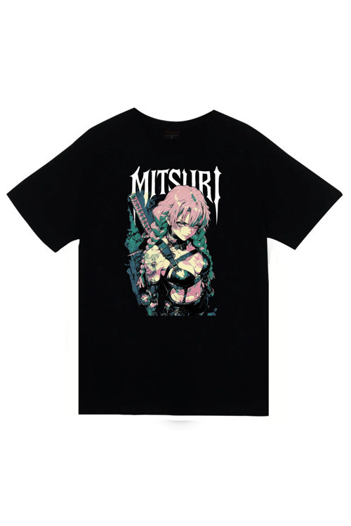 Demon Slayer - Mitsuri Kanroji - Anime Baskılı Unisex %100 Pamuk Siyah T-Shirt