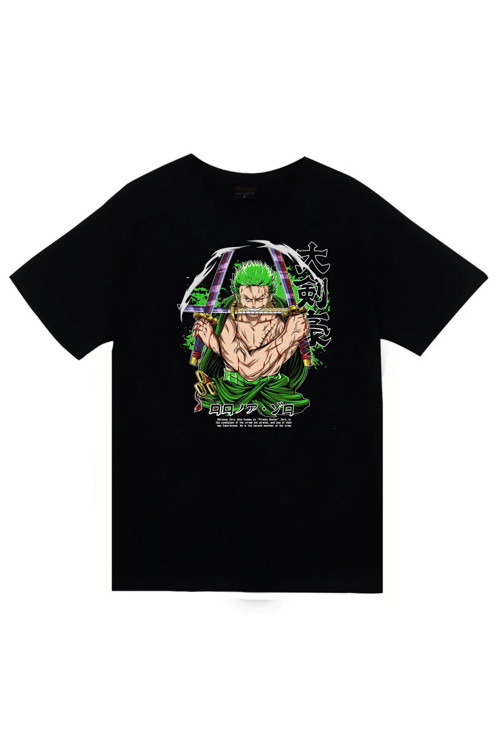 One Piece - Ronoa Zoro - Anime Baskılı Unisex %100 Pamuk Siyah T-Shirt