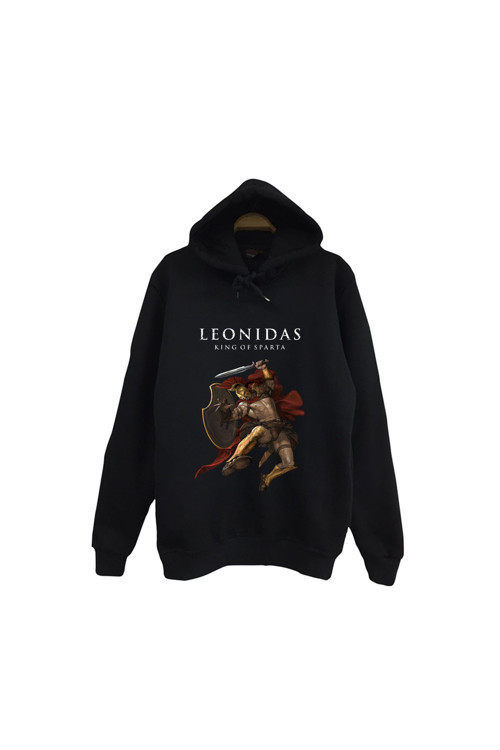 Leonidas - 300 Spartalı - The Spartan Baskılı Unisex %100 Pamuk Kapüşonlu Siyah Sweatshirt