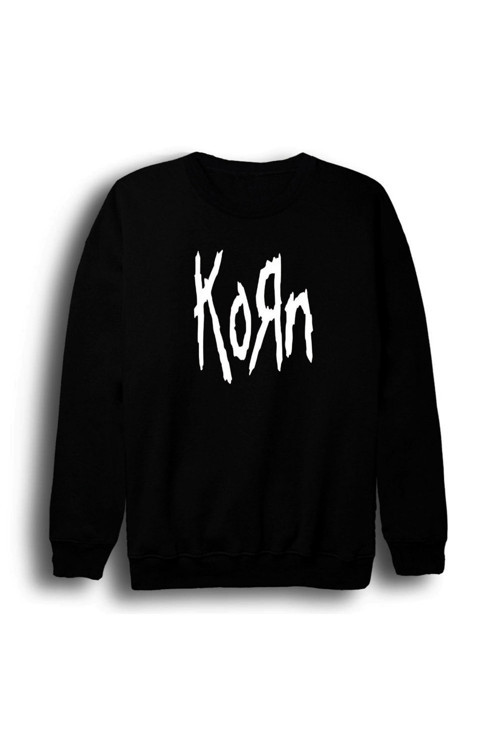 Korn Baskılı Unisex %100 Pamuk Bisiklet Yaka Siyah Sweatshirt