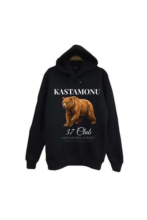 Kastamonu 37 Ilgaz Dağı Nasrullah Köprüsü Şehir Baskılı Unisex %100 Pamuk Siyah Kapüşonlu Sweatshirt