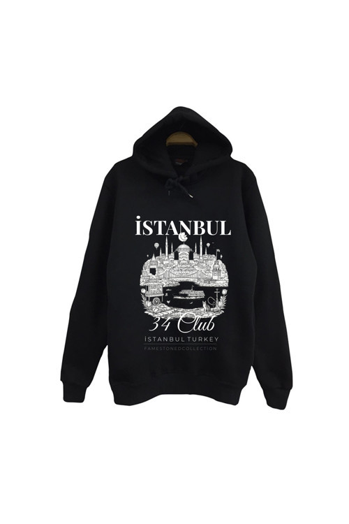 İstanbul 34 Boğaz Ayasofya Galata - Şehir Baskılı Unisex %100 Pamuk Siyah Kapüşonlu Sweatshirt