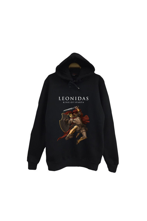 Leonidas - 300 Spartalı - The Spartan Baskılı Unisex %100 Pamuk Kapüşonlu Siyah Sweatshirt