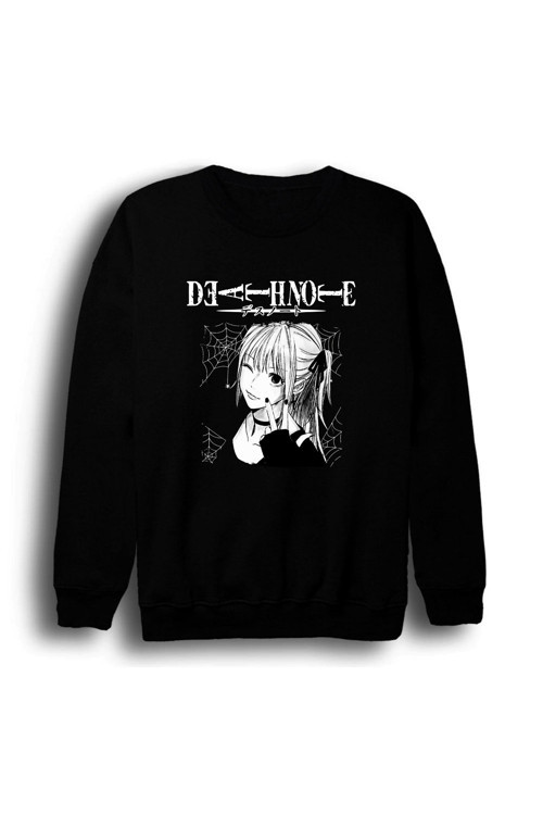 Death Note - Misa Amane - Anime Baskılı Unisex %100 Pamuk Bisiklet Yaka Siyah Sweatshirt