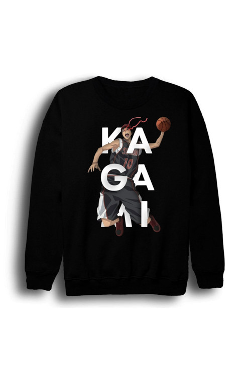 Kuroko No Basket - Taiga Kagami - Anime Baskılı Unisex %100 Pamuk Siyah Bisiklet Yaka Sweatshirt