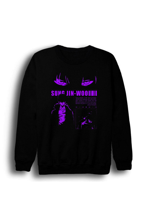 Solo Leveling Sung Jin-Woo - Arise - Anime Baskılı Unisex %100 Pamuk Bisiklet Yaka Siyah Sweatshirt