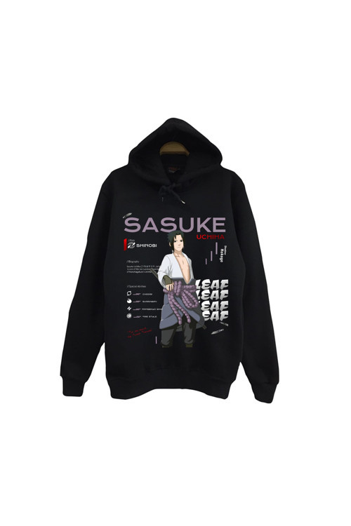 Naruto - Sasuke Uchiha - Anime Baskılı Unisex %100 Pamuk Siyah Kapüşonlu Sweatshirt