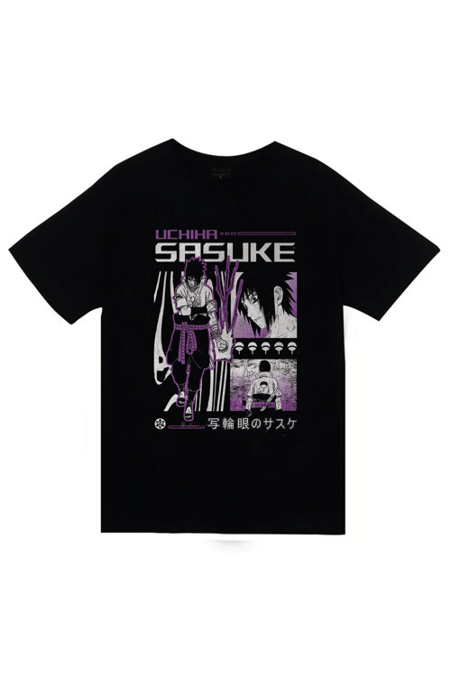Naruto - Sasuke Uchiha - Anime Baskılı Unisex %100 Pamuk Siyah T-Shirt