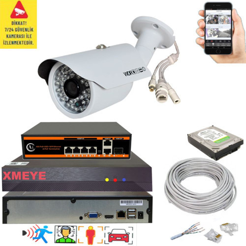1 li Yapay Zeka Destekli 5 MP 1940P Görüntü POE Bağlantılı 48 Ir Led Gece Görüş IP Kamera Seti 748POE