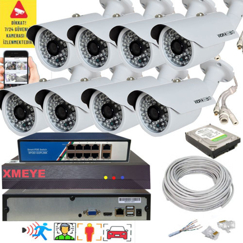 8 li Yapay Zeka Destekli 5 MP 1940P Görüntü POE Bağlantılı 48 Ir Led Gece Görüş IP Kamera Seti 748POE