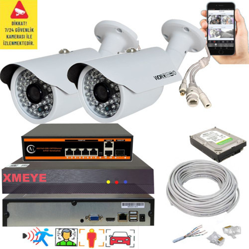 2 li Yapay Zeka Destekli 5 MP 1940P Görüntü POE Bağlantılı 48 Ir Led Gece Görüş IP Kamera Seti 748POE