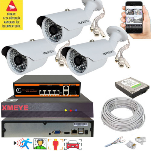 3 lü Yapay Zeka Destekli 5 MP 1940P Görüntü POE Bağlantılı 48 Ir Led Gece Görüş IP Kamera Seti 748POE