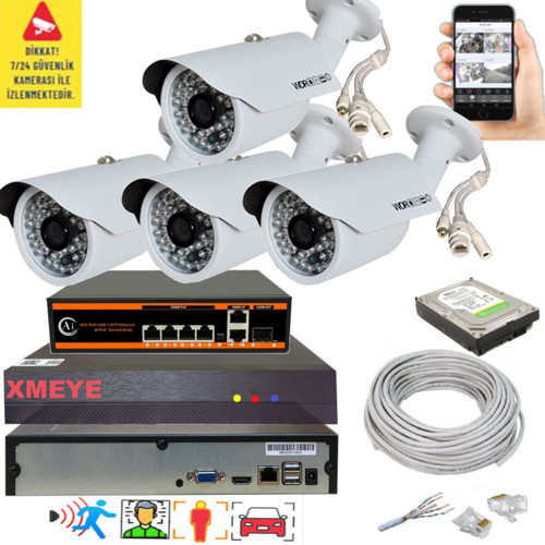 4 lü Yapay Zeka Destekli 5 MP 1940P Görüntü POE Bağlantılı 48 Ir Led Gece Görüş IP Kamera Seti 748POE