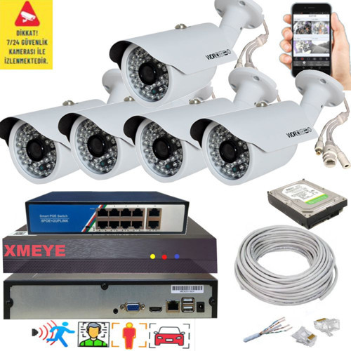 5 li Yapay Zeka Destekli 5 MP 1940P Görüntü POE Bağlantılı 48 Ir Led Gece Görüş IP Kamera Seti 748POE