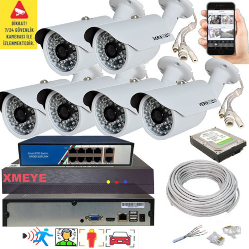 6 lı Yapay Zeka Destekli 5 MP 1940P Görüntü POE Bağlantılı 48 Ir Led Gece Görüş IP Kamera Seti 748POE