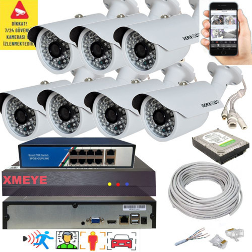 7 li Yapay Zeka Destekli 5 MP 1940P Görüntü POE Bağlantılı 48 Ir Led Gece Görüş IP Kamera Seti 748POE