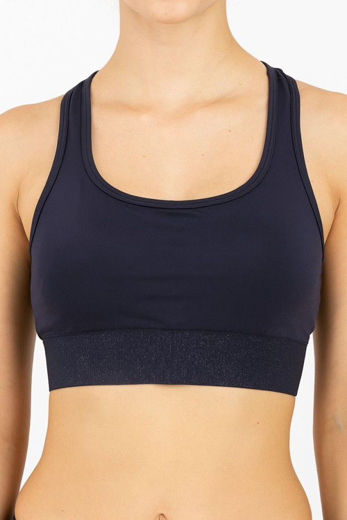 Sırt Detaylı Balenli Lacivert Dar Kalıp U Yaka Crop Destekli Seamless Kadın Spor Büstiyer