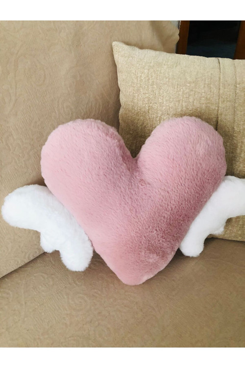 Tavşan Tüyü Kalpli Kanatlı Dekoratif Peluş Sof Yastık Decorative Pillow(35X50)