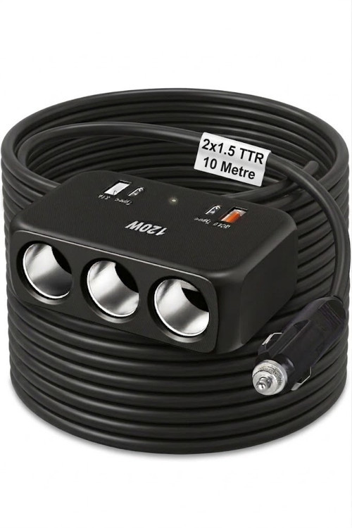Araç Çakmak Uzatma Kablosu Çakmaklık Çoklayıcı USB,Type-C çıkışlı Hızlı Şarj 12-24V/10A/120W 2 X1,5mm TTR Bakır 10Mt