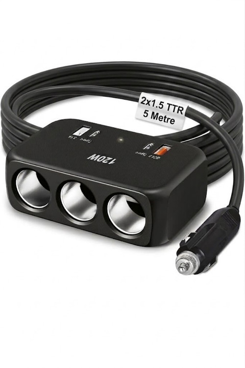 Araç Çakmak Uzatma Kablosu Çakmaklık Çoklayıcı USB,Type-C çıkışlı Hızlı şarj 12-24V/10A/120W 2 X1,5mm TTR Bakır 5Mt