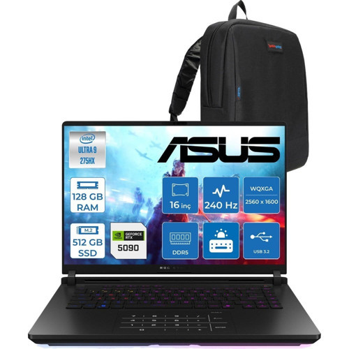 Rog Strix Scar 16 G635LX-RW145 Ultra 9 275HX Aı 128GB 512GB SSD 24GB/RTX5090 Gddr7 175W 16" Wqxga 240Hz 3ms 1200NITS Freedos Gaming Taşınabilir Bilgisayar WRWF14533128G + Zettaçanta