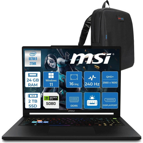 Raider 16 Hx B2WI-021TR Intel Ultra 9 275HX Aı 24GB Ddr5 2tb SSD 16GB/RTX5080 175W 16" QHD+(2560X1600), 240Hz IPS 100% Dcı-P3 WINDOWS11PRO Gaming Laptop MSW021TRP05+ZETTAÇANTA