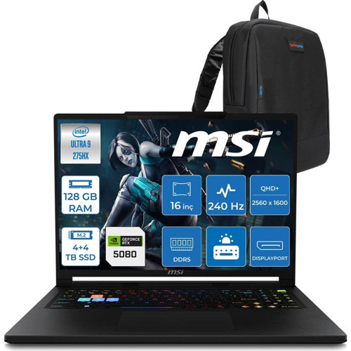 Raider 16 Hx B2WI-021TR Intel Ultra 9 275HX Aı 128GB Ddr5 4tb SSD +4tb SSD 16GB/RTX5080 175W 16" QHD+(2560X1600), 240Hz IPS 100% Dcı-P3 Freedos Gaming Laptop MSW021TRF56+ZETTAÇANTA